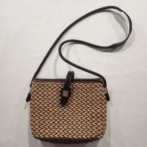 Brighton Woven Straw Shoulder Crossbody Bag w Braided Leather Strap